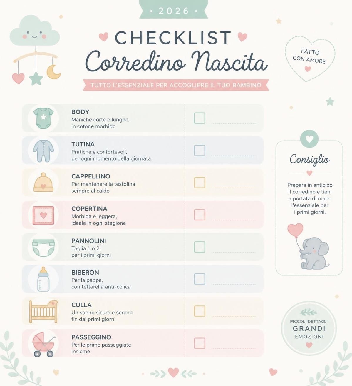 scopri la checklist completa del corredino nascita: tutto ciò che serve davvero al neonato per un arrivo sereno e ben organizzato.